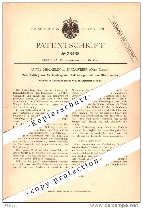 Original Patent - Jacob Meckelin à Hunawihr / Hunaweier , 1882 , Cadre De Lit !!! - Ribeauvillé