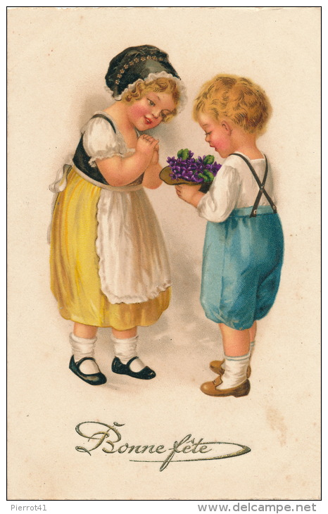 ENFANTS - LITTLE GIRL - Jolie Carte Fantaisie Enfants Avec Bouquet De Violettes "Bonne Fête " - Disegni Infantili