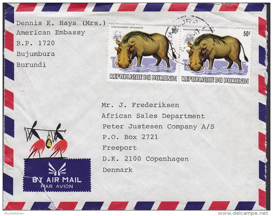 Burundi By Air Mail Par Avion AMERICAN EMBASSY, BUJUMBURA 1986 Cover Brief 2x 50 Fr. Warzenschwein WWF Panda Issue - Gebruikt