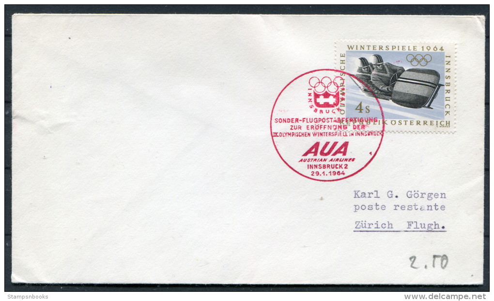 1964 Austria Olympic Innsbruck - Zurich AUA First Flight Cover - First Flight Covers