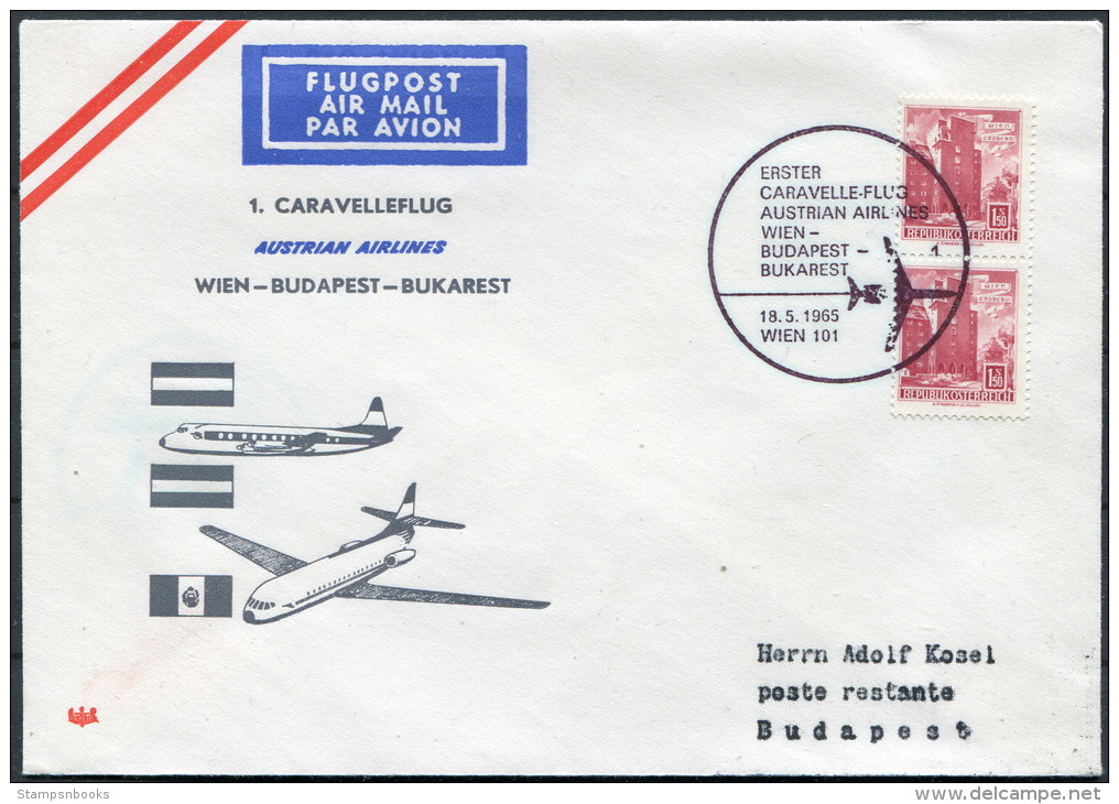 1965 Austria Hungary AUA First Flight Cover Wien - Budapest - First Flight Covers