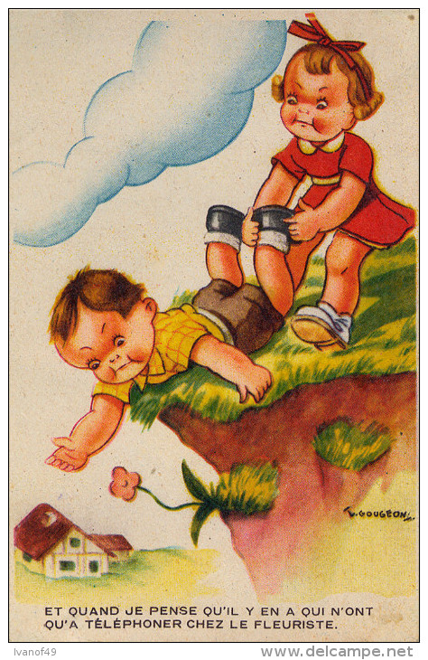 Illustrateur GOUGEON - CPA - Thème FLEURISTE - Couple Enfants , Garconnet Cueillant Une Fleur - Gougeon