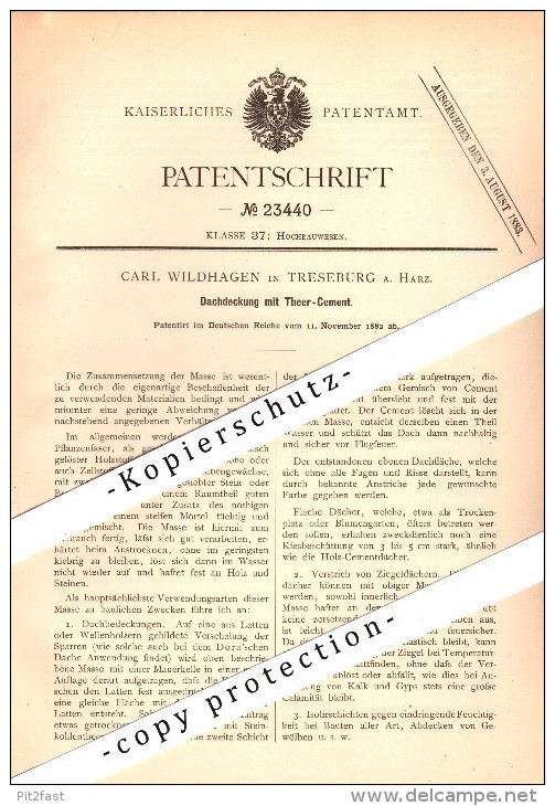 Original Patent - Carl Wildhagen In Treseburg B. Thale , 1882 , Dachdeckung Mit Teer-Cement , Dachdecker , Dach !!! - Thale