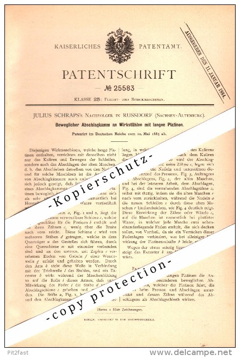 Original Patent - Julius Schraps In Rußdorf B. Limbach-Oberfrohna , 1883 , Apparat Für Strickerei !!! - Limbach-Oberfrohna