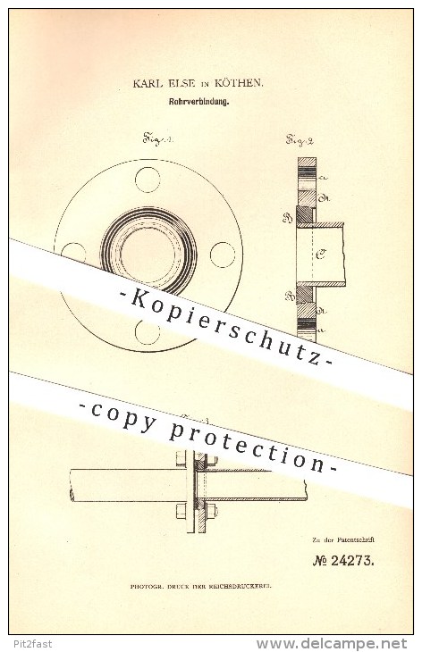 Original Patent - Karl Else In Köthen , 1883 , Rohrverbindung , Rohr !!! - Koethen (Anhalt)