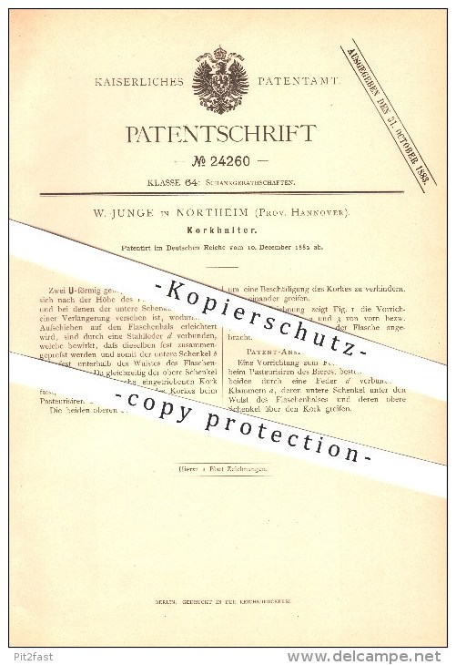 Original Patent - W. Junge In Northeim , 1882 , Korkhalter , Ausschank , Flaschen , Korkenzieher !!! - Northeim