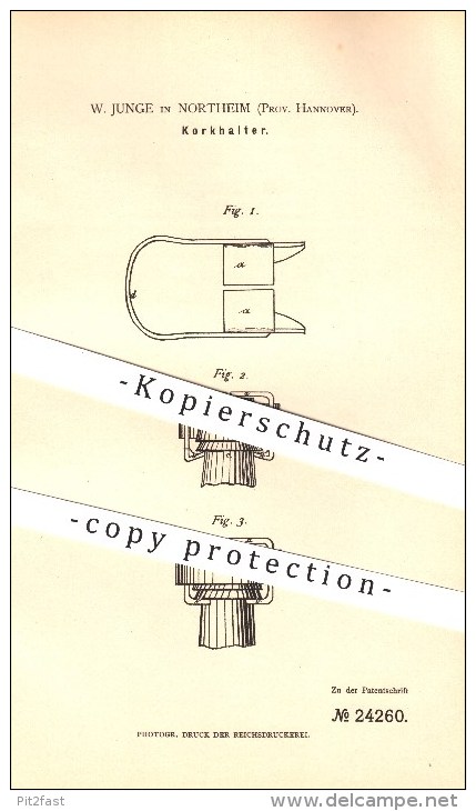 Original Patent - W. Junge In Northeim , 1882 , Korkhalter , Ausschank , Flaschen , Korkenzieher !!! - Northeim