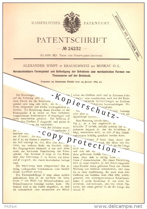 Original Patent - Alexander Wimpf In Krauschwitz Bei Bad Muskau , 1883 , Formspindel Zum Formen Von Tonwaren , Lausitz ! - Bad Muskau