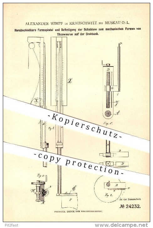 Original Patent - Alexander Wimpf In Krauschwitz Bei Bad Muskau , 1883 , Formspindel Zum Formen Von Tonwaren , Lausitz ! - Bad Muskau