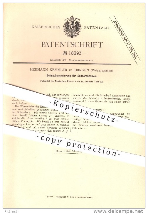 Original Patent - Hermann Kemmler In Ebingen , 1881 , Schraubensicherung Für Scherenbolzen , Schere , Scheren !!! - Albstadt