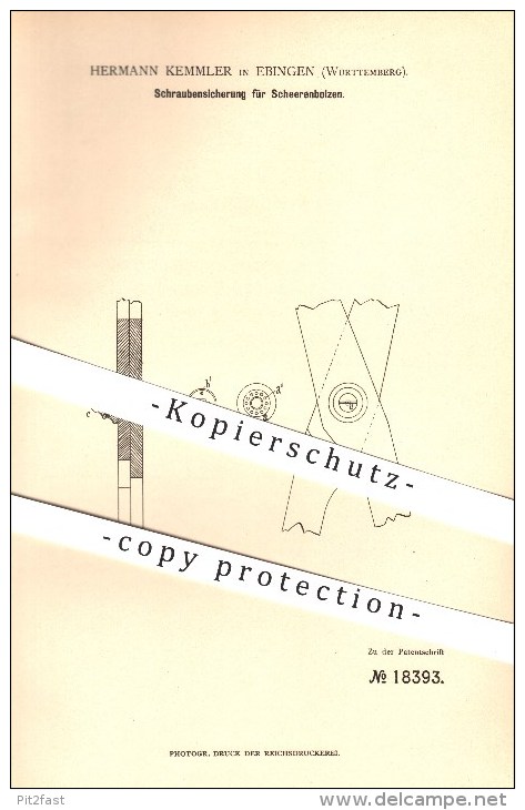 Original Patent - Hermann Kemmler In Ebingen , 1881 , Schraubensicherung Für Scherenbolzen , Schere , Scheren !!! - Albstadt
