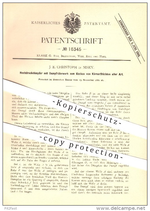 Original Patent - J. E. Christoph In Niesky , 1881 , Hochdruckdämpfer Zum Kochen Von Körnerfrüchten !!! - Niesky