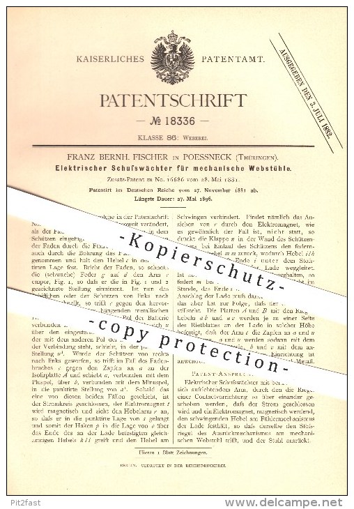 Original Patent - Franz Bern. Fischer In Pössneck , 1881 , Elektrischer Schusswächter Für Mechanische Webstühle !!! - Pössneck