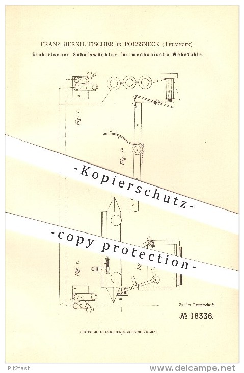 Original Patent - Franz Bern. Fischer In Pössneck , 1881 , Elektrischer Schusswächter Für Mechanische Webstühle !!! - Pössneck