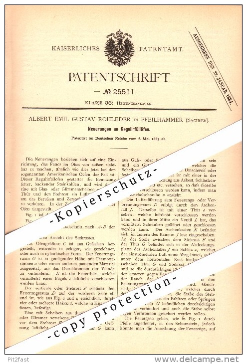 Original Patent - A.E. Rohleder In Pfeilhammer B. Schwarzenberg , 1883 , Regulier-Füllofen !!! - Schwarzenberg (Erzgeb.)