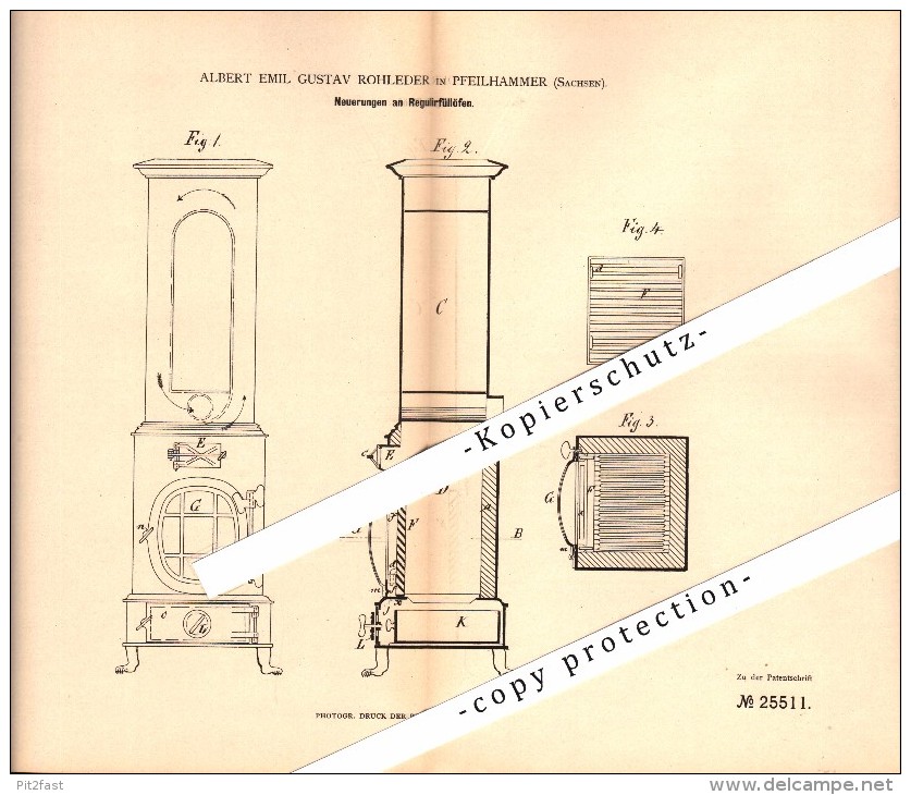 Original Patent - A.E. Rohleder In Pfeilhammer B. Schwarzenberg , 1883 , Regulier-Füllofen !!! - Schwarzenberg (Erzgeb.)