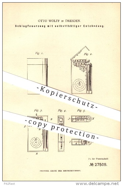 Original Patent - Otto Wolff In Dresden , 1883 , Schlagfeuerzeug Mit Selbsttätiger Entzündung , Feuerzeug !!! - Andere & Zonder Classificatie