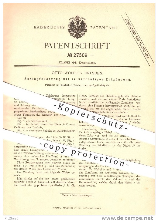 Original Patent - Otto Wolff In Dresden , 1883 , Schlagfeuerzeug Mit Selbsttätiger Entzündung , Feuerzeug !!! - Andere & Zonder Classificatie