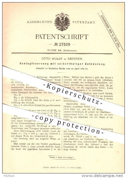 Original Patent - Otto Wolff In Dresden , 1883 , Schlagfeuerzeug Mit Selbsttätiger Entzündung , Feuerzeug !!! - Sonstige & Ohne Zuordnung