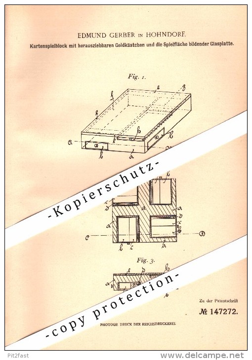 Original Patent - Edmund Gerber In Hohndorf I.S. , 1902 , Kartenspielblock Mit Geldkästchen , Skat , Kartenspiel !!! - Hohndorf