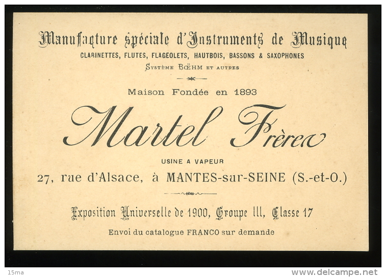 Yvelines 78 Mantes Sur Seine Carte De Visite Martel Frères Instruments De Musique Rue D'Alsace 8x12cm - Visiting Cards