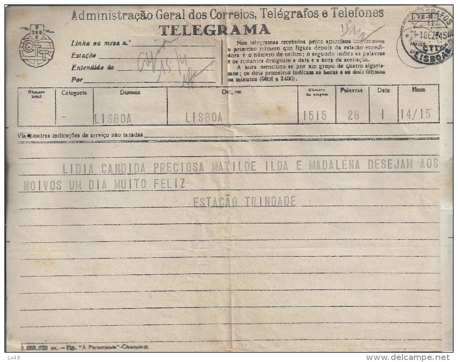 Telegram Mod.72 R Obliterated In CTT Station 'Telegrams Lisbon'the 01/12/1945.Trindade Station TLP.2sca - Lettres & Documents