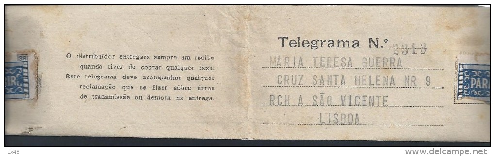 Telegram Mod.72 R Obliterated In CTT Station 'Telegrams Lisbon'the 01/12/1945.Trindade Station TLP.2sca - Storia Postale