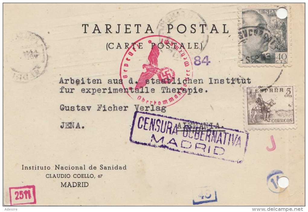 SPANIEN 1943 Postkarte Mit Zensur Madrid, 2 Fach Frankiert, 8 Stempel - Briefe U. Dokumente