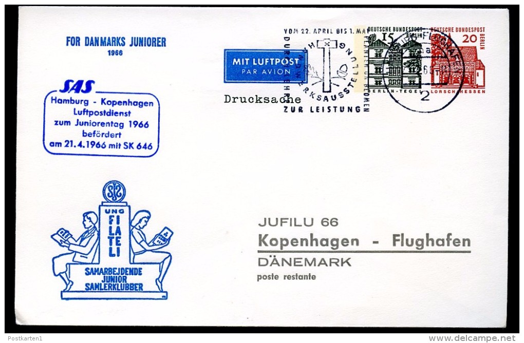 BERLIN PU35 C2/002 Privat-Umschlag SAS Hamburg-Kopenhagen 1966  NGK 15,00 € - Enveloppes Privées - Oblitérées