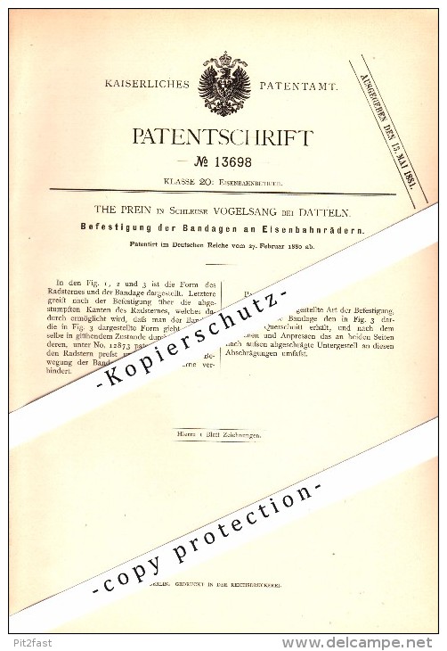 Original Patent - The Prein In Schleuse Vogelsang B. Datteln , 1880 , Bandage Für Eisenbahnräder , Eisenbahn !!! - Datteln