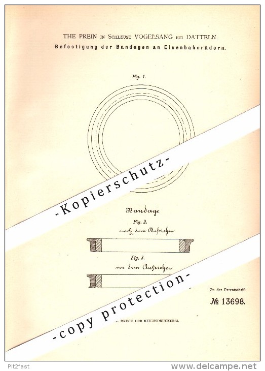 Original Patent - The Prein In Schleuse Vogelsang B. Datteln , 1880 , Bandage Für Eisenbahnräder , Eisenbahn !!! - Datteln