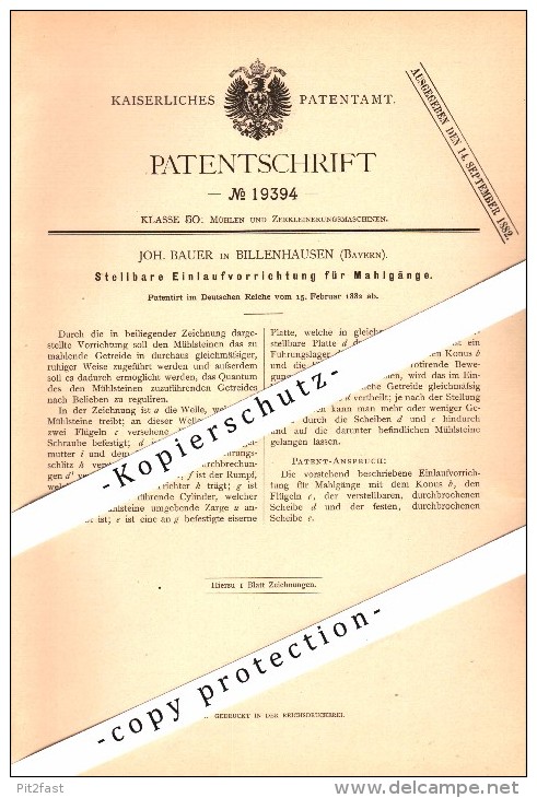 Original Patent - J. Bauer In Billenhausen B. Krumbach , 1882 , Einlaufvorrichtung Für Mahlgänge , Mühle !!! - Krumbach