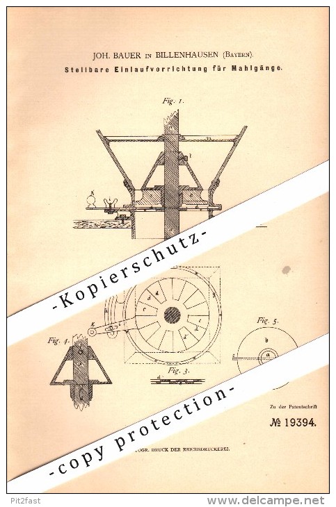 Original Patent - J. Bauer In Billenhausen B. Krumbach , 1882 , Einlaufvorrichtung Für Mahlgänge , Mühle !!! - Krumbach