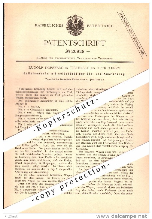 Original Patent - Rudolf Düesberg In Tiefensee B. Heckelberg , 1882 , Seil-Eisenbahn , Falkenberg , Werneuchen !!! - Falkenberg (Mark)