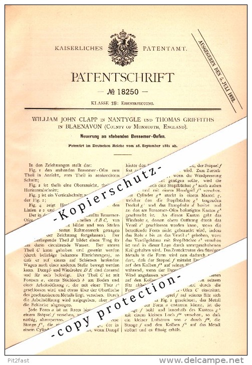 Original Patent - Th. Griffiths In Blaenavon And W.J. Clapp In Nantyglo , 1881 , Oven For Mining !!! - Monmouthshire