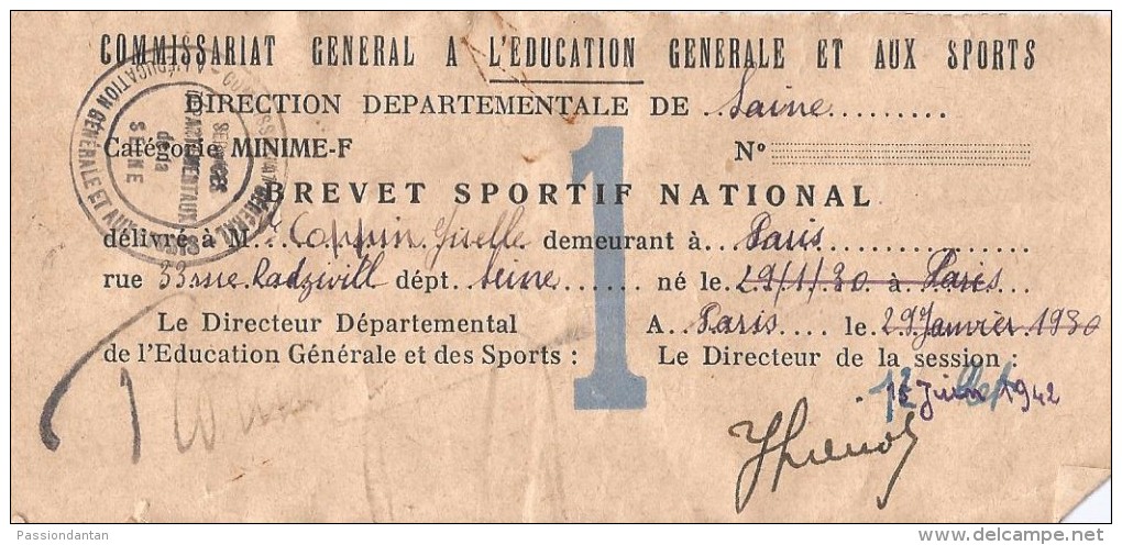 Brevet Sportif National - Département De La Seine - Juillet 1942 - Diplômes & Bulletins Scolaires