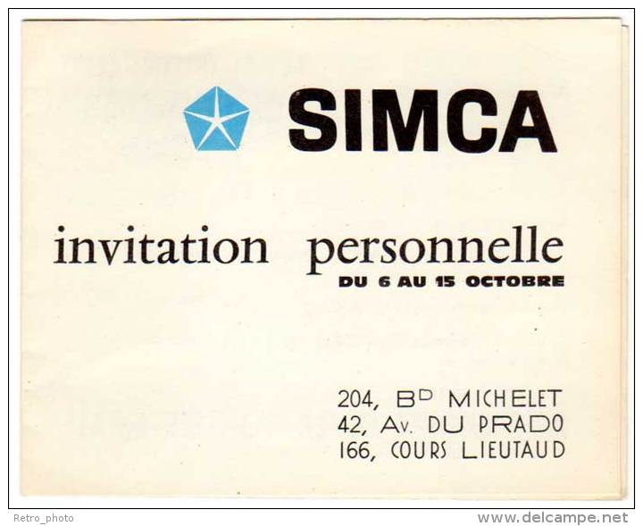 Carte Dépliante Invitation Personnelle Simca, Traction Avant Simca 1100 ( Marseille ) - Publicités