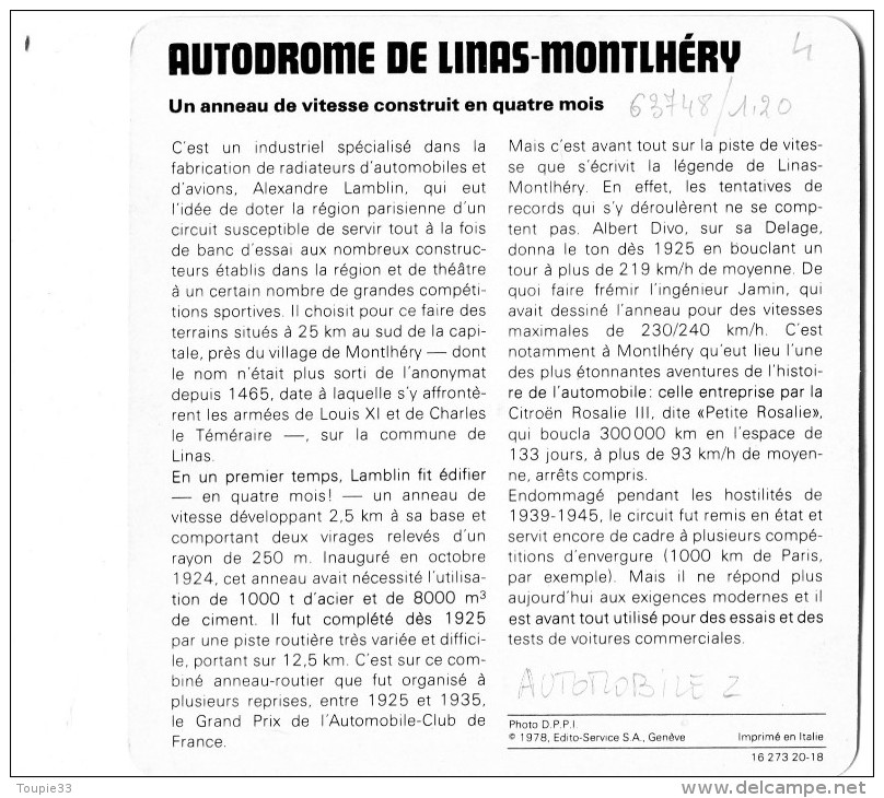 Linas Montlhery  Autodrome Image Et Histoire Du Circuit Avec Voiture - Autres & Non Classés