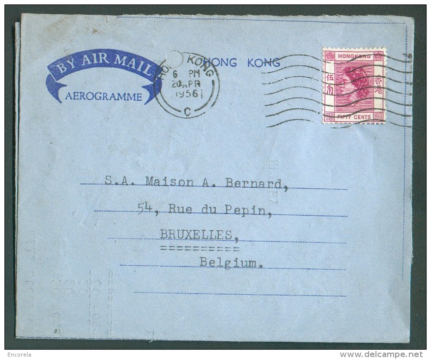 Postal Stationery AEROGRAMME 50 Cents Purple Elizabeth Cancelled HONG KONG 20 APR. 1956 To Brussels (Belgium) - 10154 - Brieven En Documenten