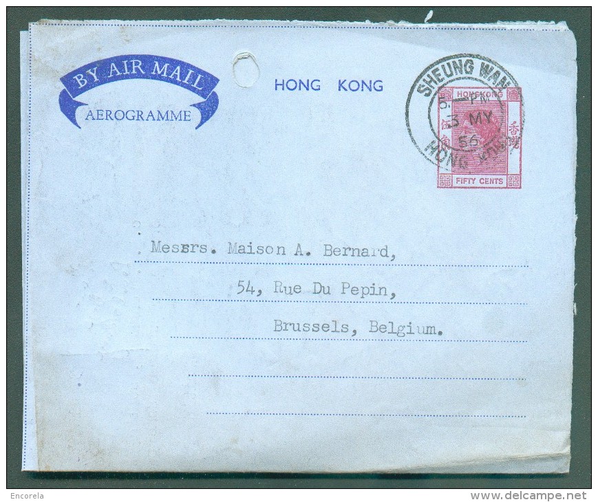 Postal Stationery AEROGRAMME 50 Cents Purple Elizabeth Cancelled SHEUNG WAN HONG KONG 13 May 1956 To Brussels (Belgium) - Cartas & Documentos