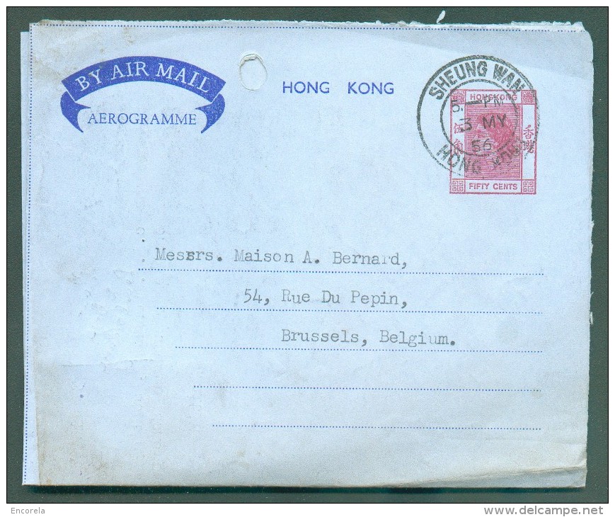 Postal Stationery AEROGRAMME 50 Cents Purple Elizabeth Cancelled SHEUNG WAN HONG KONG 13 May 1956 To Brussels (Belgium) - Lettres & Documents