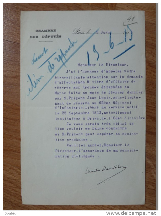 Charles DANIELOU (1878-1953) Ministre. Maire LOCRONAN. FINISTERE - AUTOGRAPHE - Other & Unclassified