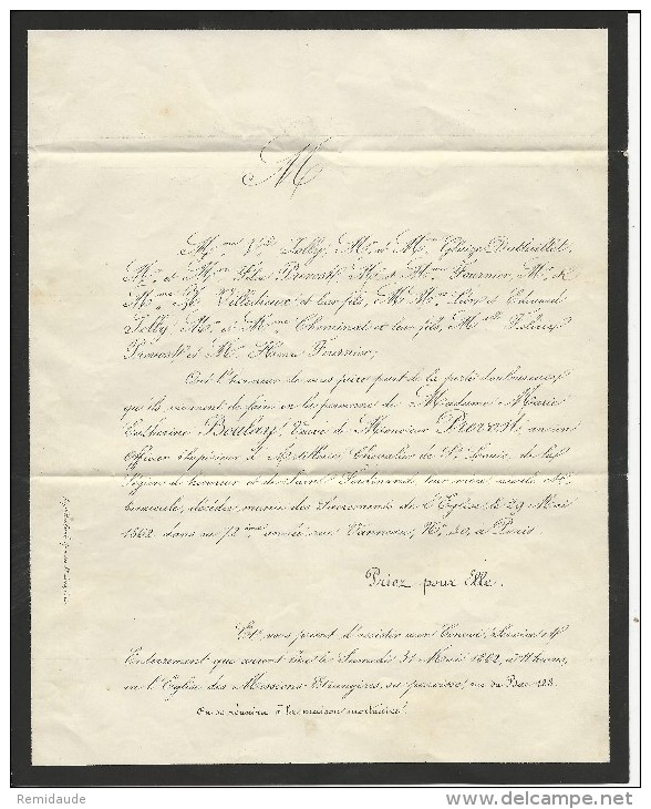 1862 -  LETTRE FAIRE PART DECES ANNULATION "FS1" De PARIS (TARIF RARE De FAIRE-PART) - 1853-1860 Napoleon III