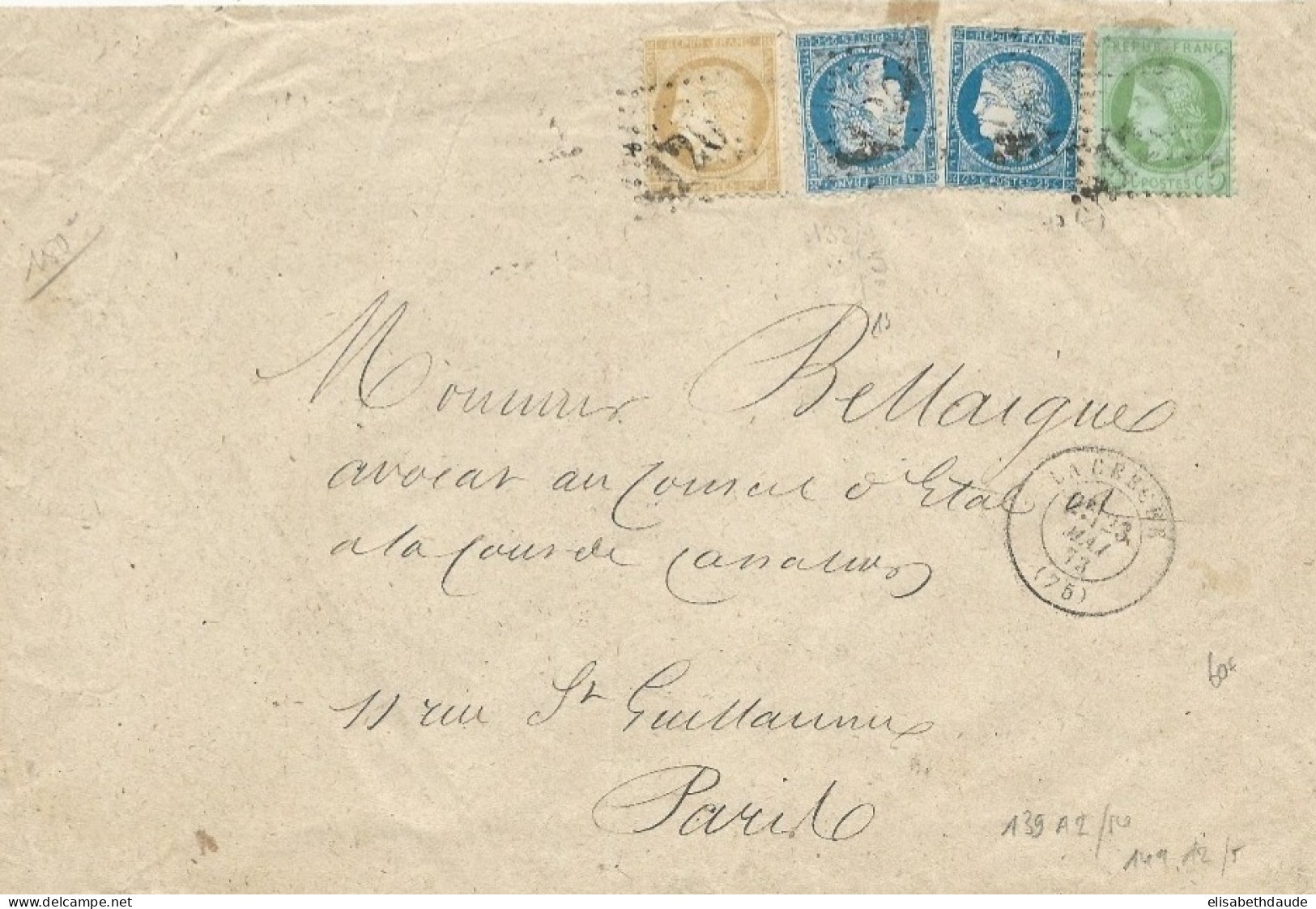 1873 -  BEL AFFRANCHISSEMENT CERES Sur ENVELOPPE De LA CRECHE Pour PARIS - 1871-1875 Cérès