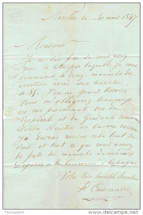 LAC NIVELLES 30 Mars 1847 Vers LIEGE Lettre Signée CUISENAIRE - 1830-1849 (Belgique Indépendante)