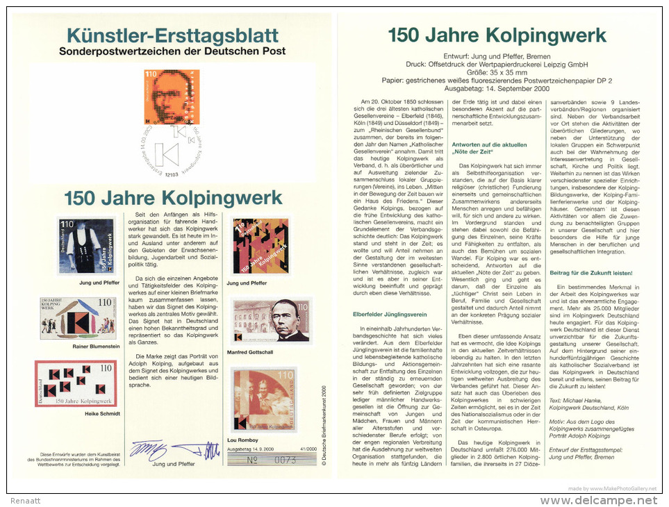 Germany 2000 Mi. 2135 FDC Art Card, Adolph Kolping, German Catholic Priest Kolpingwerk Support Young Workers - Christentum