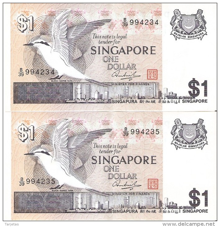 PAREJA CORRELATIVA DE SINGAPORE DE $1 CALIDAD EBC+ (XF)  (BANKNOTE) PAJARO-BIRD - Singapur