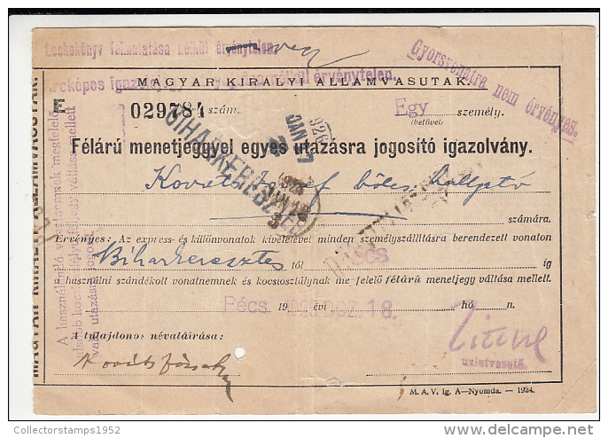 17362- RAILWAY TRANSPORTATION HALF PRICE ONE WAY TICKET, 1925, HUNGARY - Europe