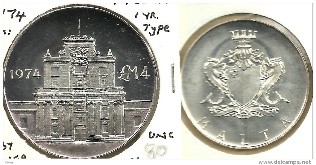 MALTA 4 LIRAS COTLENERA GATE FRONT SHIELD BACK 1974 AG SILVER BUNC KM25 READ DESCRIPTION CAREFULLY!!! - Malta