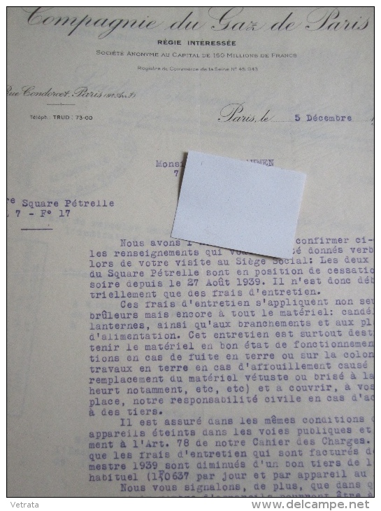 Lettre De La Compagnie Du Gaz De Paris, 1940 - Ohne Zuordnung